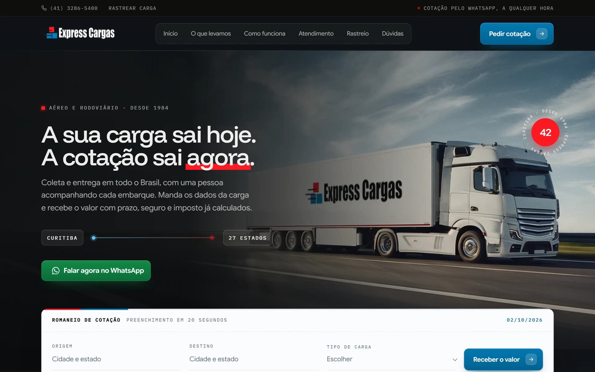 A primeira tela do site de transportadora de cargas em curitiba