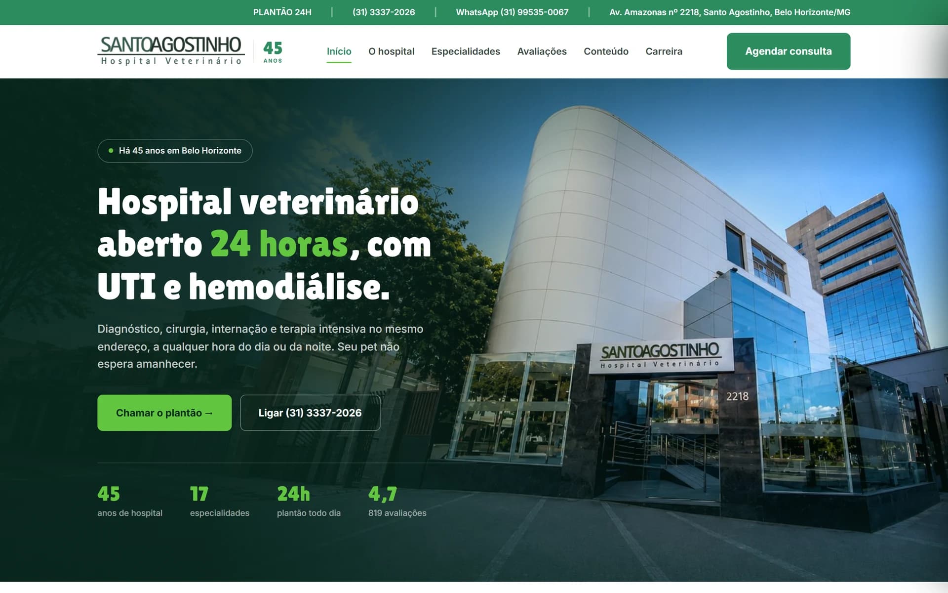 A primeira tela do site de hospital veterinário 24 horas em belo horizonte