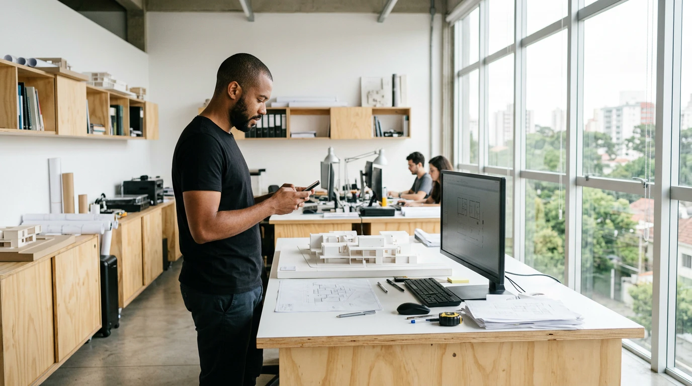 Arquiteto de pé no estúdio, ao lado da maquete, conferindo uma mensagem no celular