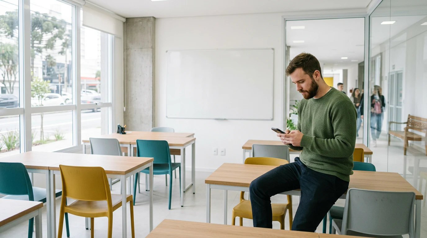 Professor sentado na beira da mesa de uma sala de aula vazia, lendo uma mensagem no celular