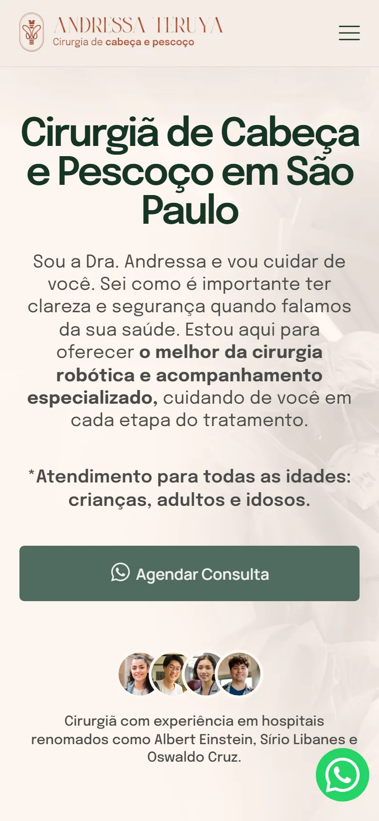 O topo no celular, com os hospitais onde a médica atua.