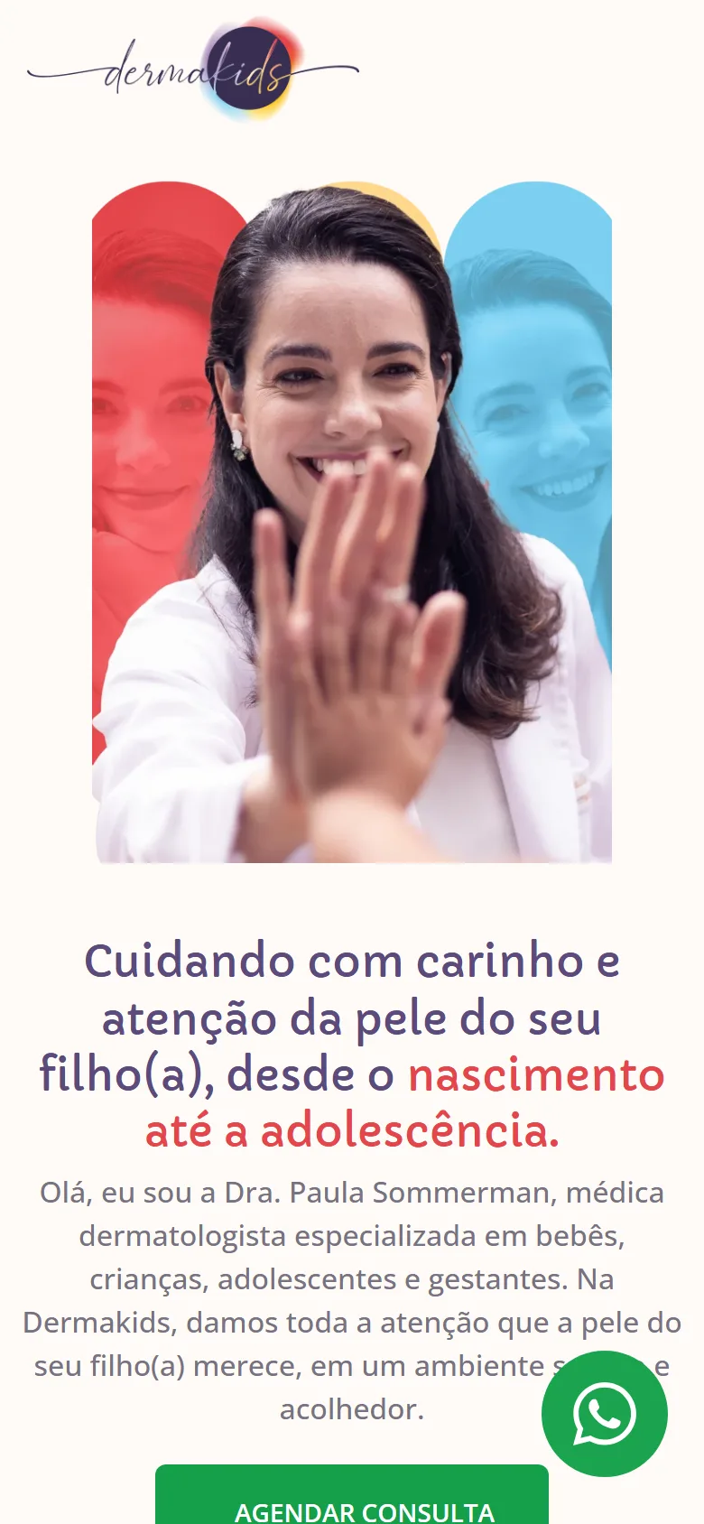 O topo no celular, com a médica e o botão de agendar.