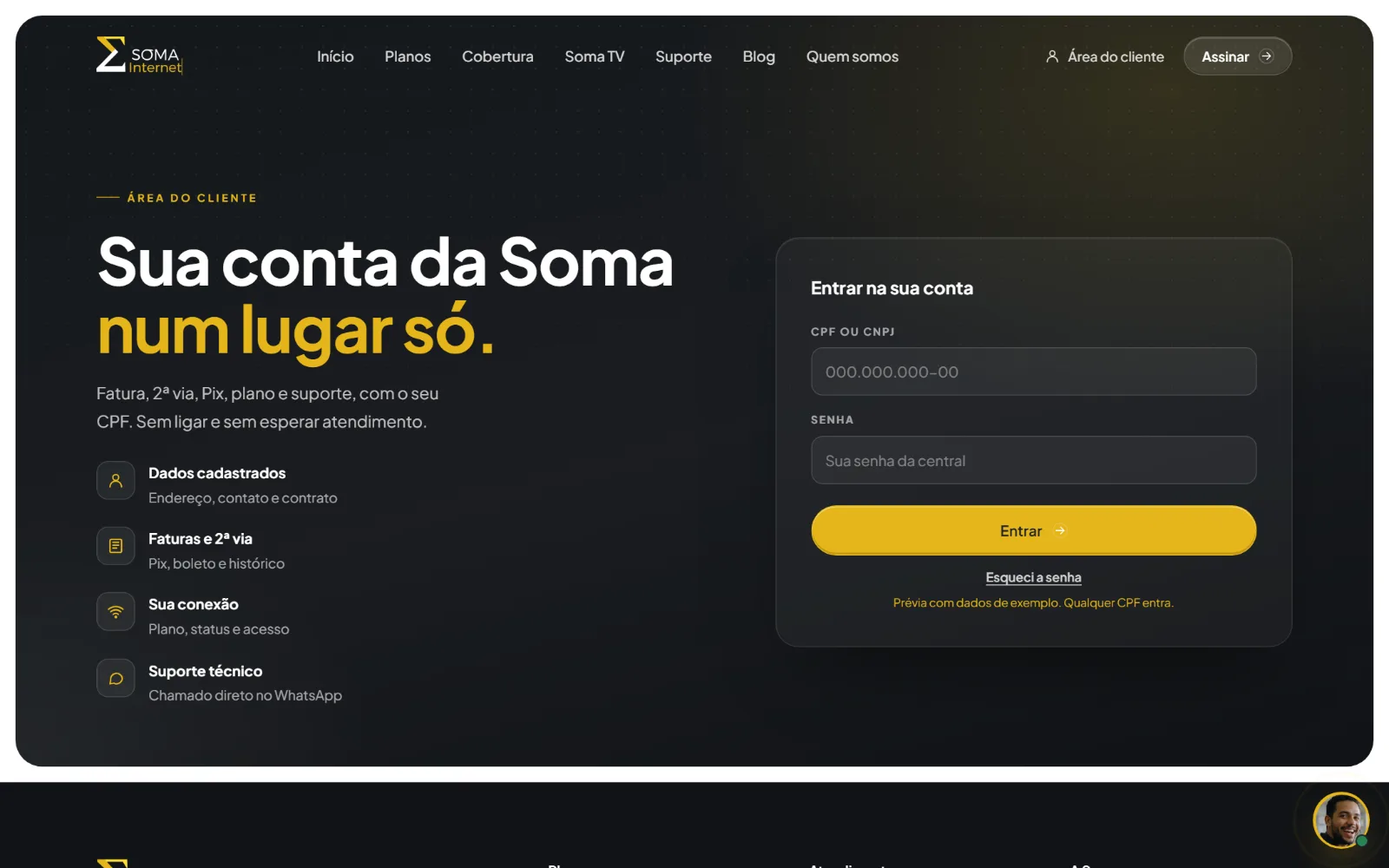 A área do cliente de exemplo, com fatura, segunda via e suporte.