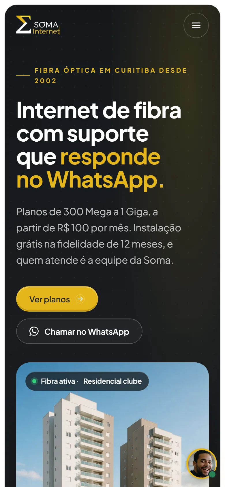 A home no celular, com os dois botões logo na primeira tela.