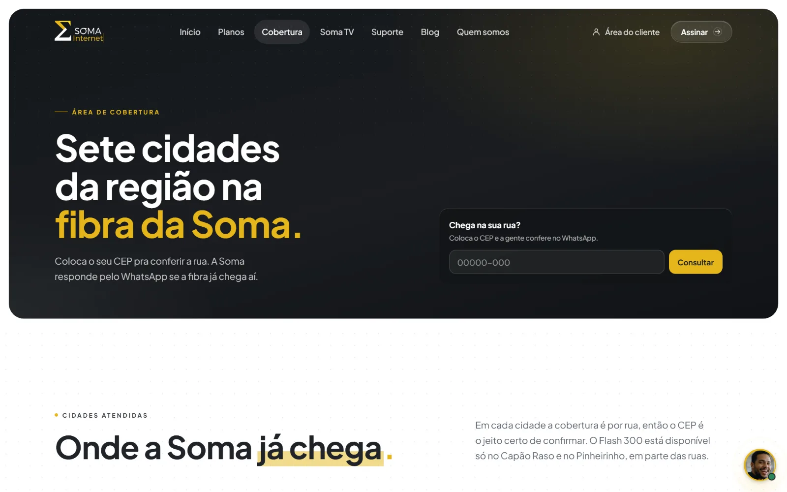 A página de cobertura, onde o CEP vira conversa no WhatsApp.