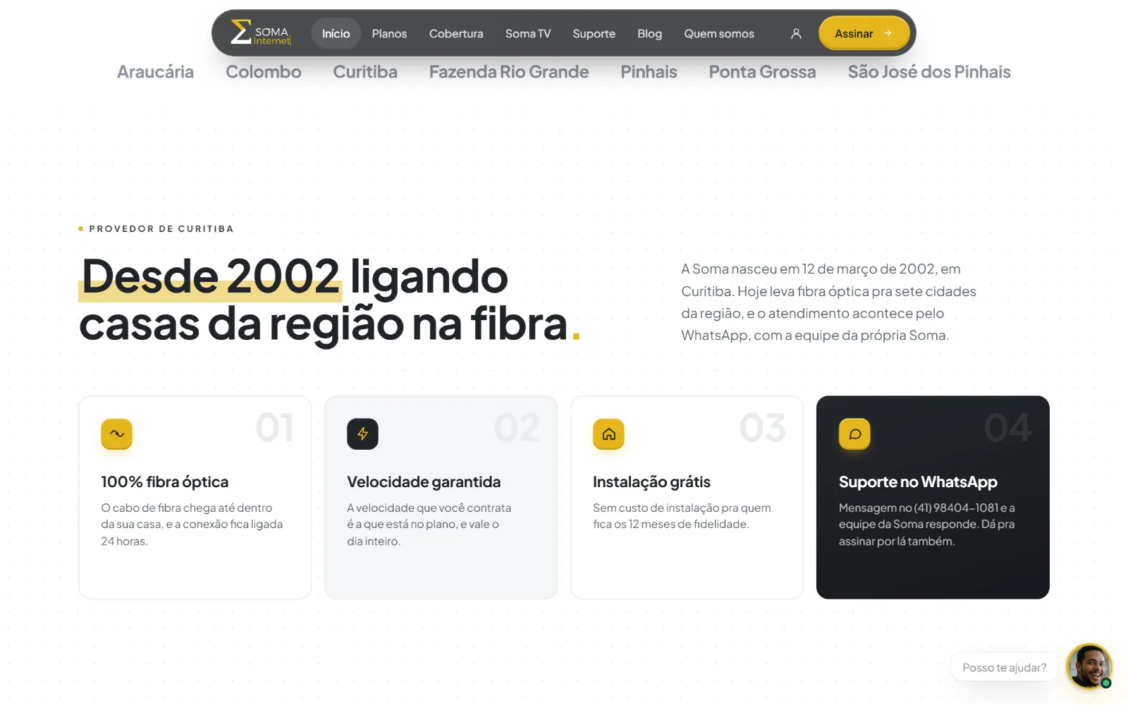 A história do provedor na home, com os quatro motivos pra assinar.