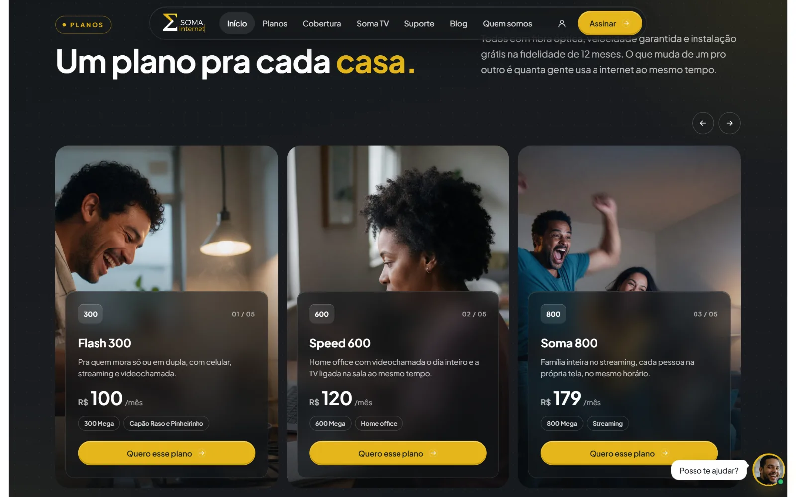 Os planos com foto, velocidade e preço, cada um com o seu botão.