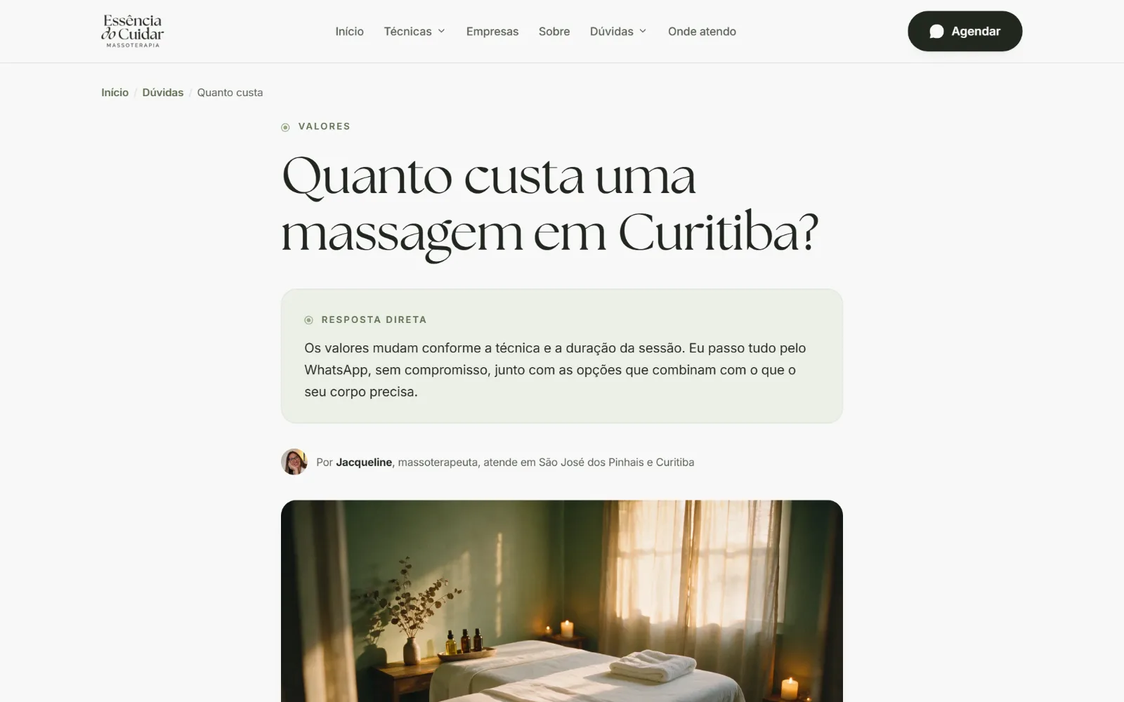 Uma das páginas de dúvida, sobre quanto custa uma massagem.