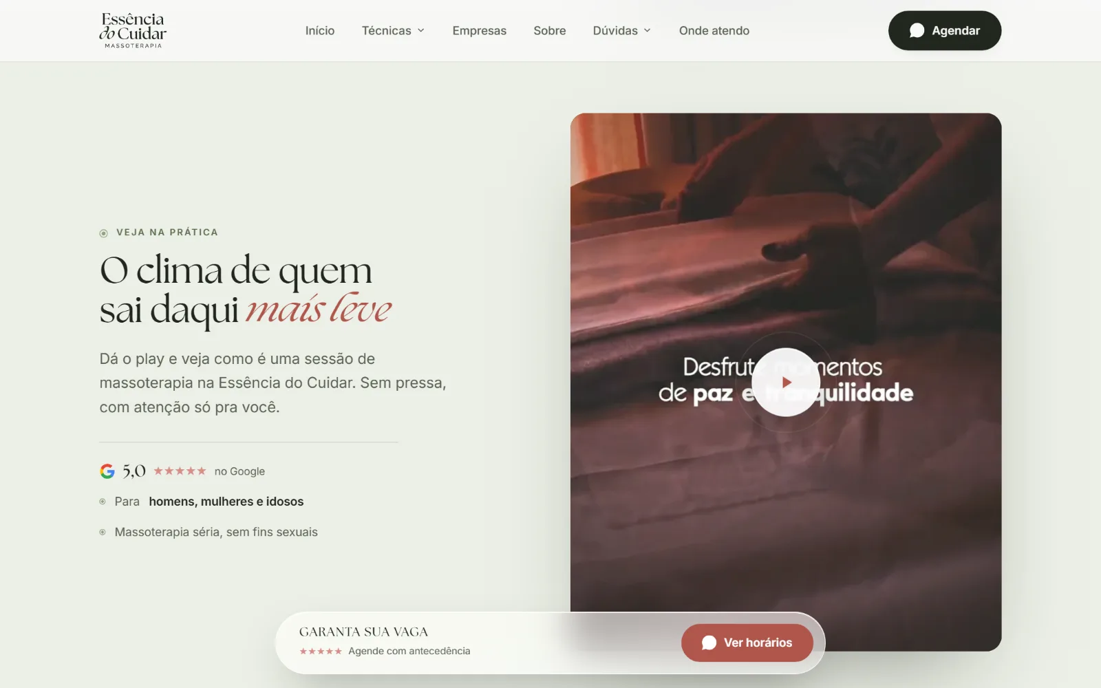O vídeo do espaço, com a nota do Google e pra quem é o atendimento.