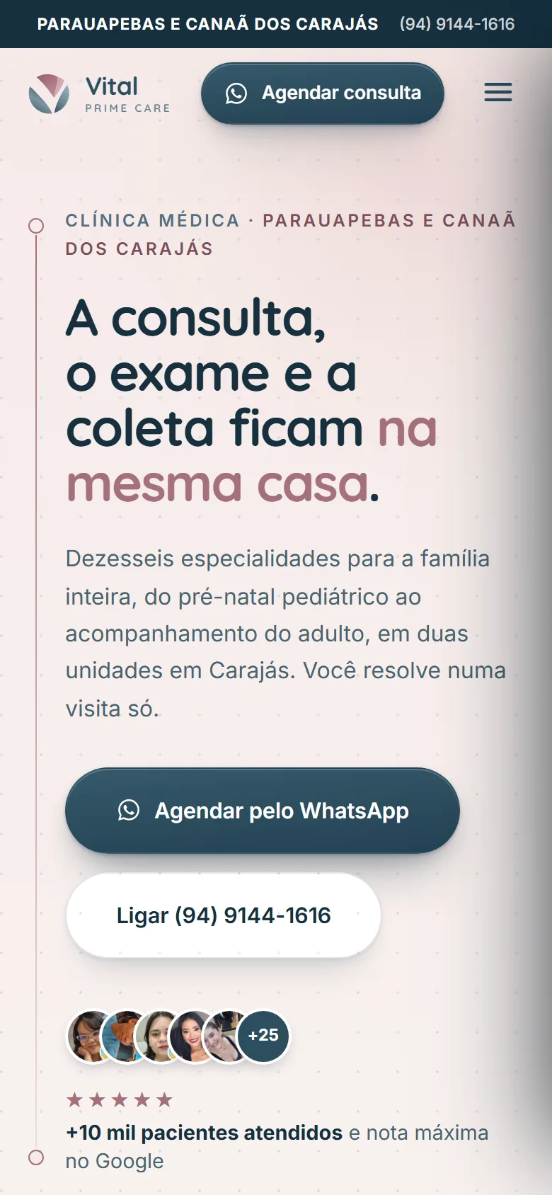 O topo no celular, com os avaliadores do Google embaixo do botão.