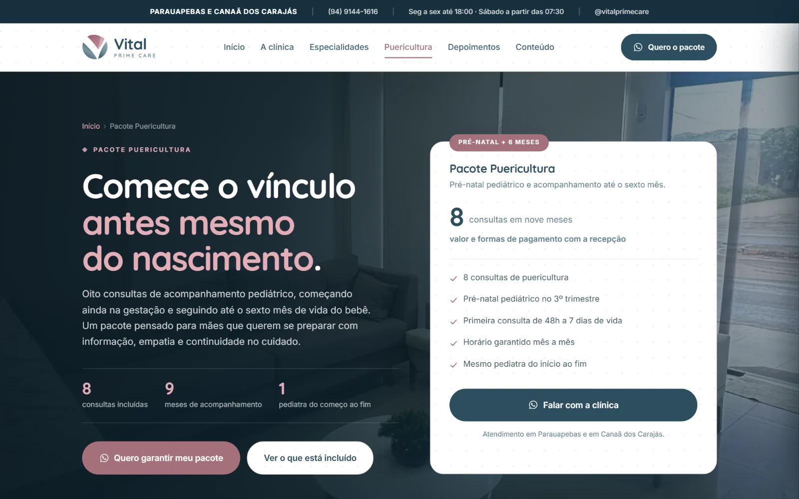 A página do pacote de puericultura, com os 8 encontros.
