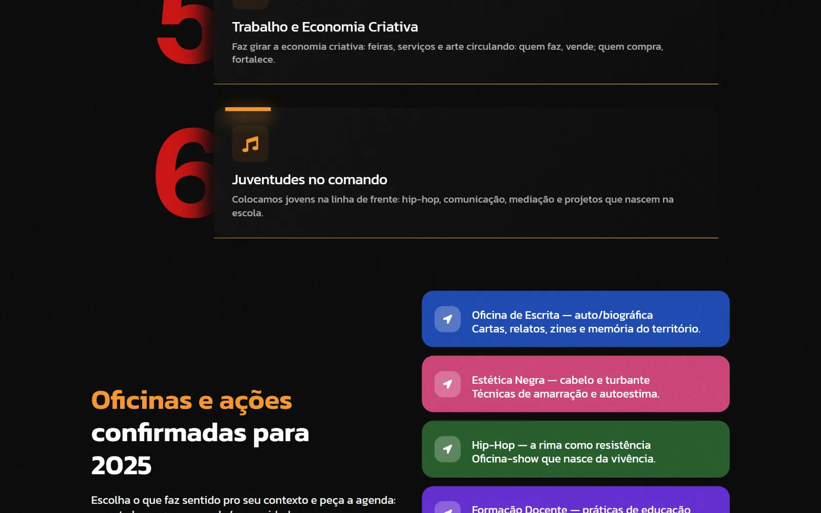 As oficinas e ações confirmadas.