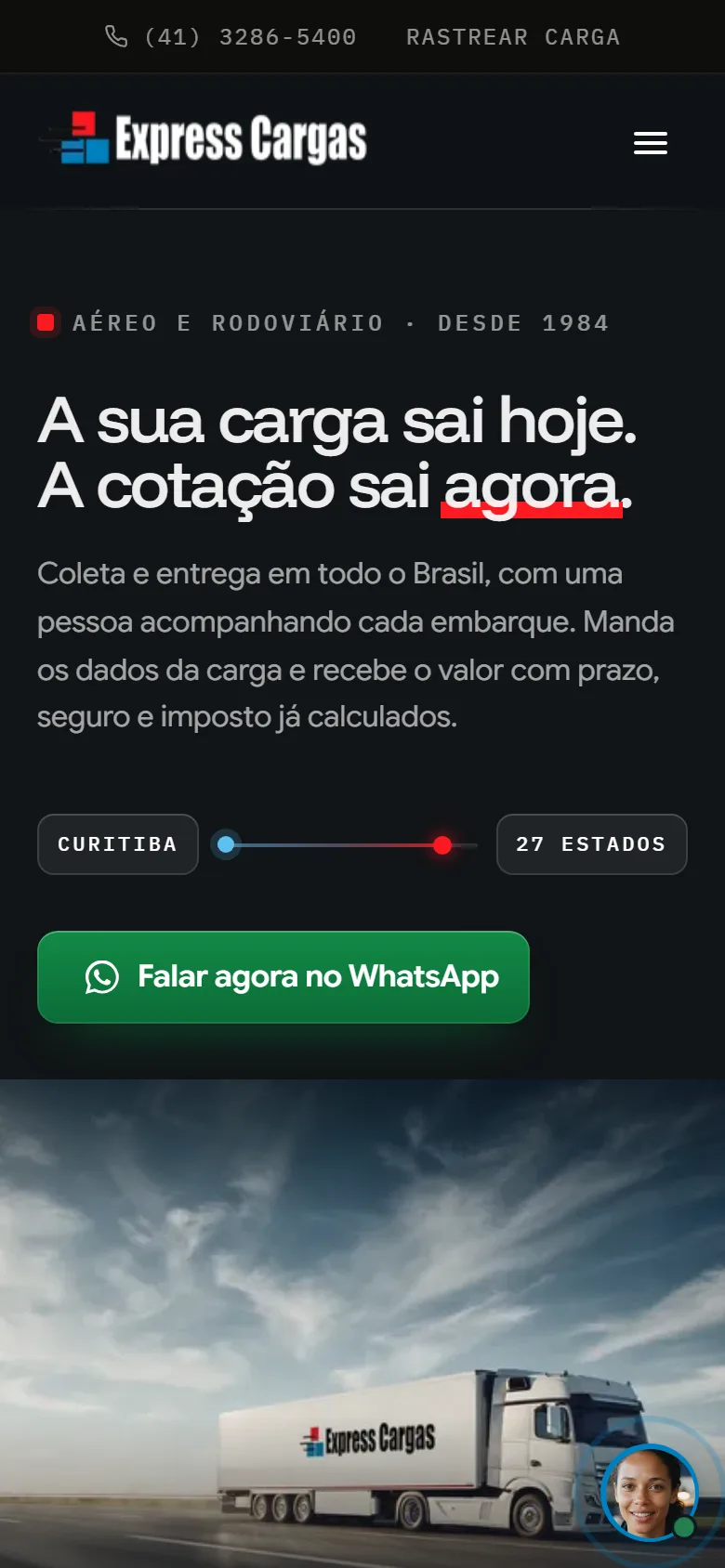 O topo no celular, com a rota de Curitiba aos 27 estados e o WhatsApp.