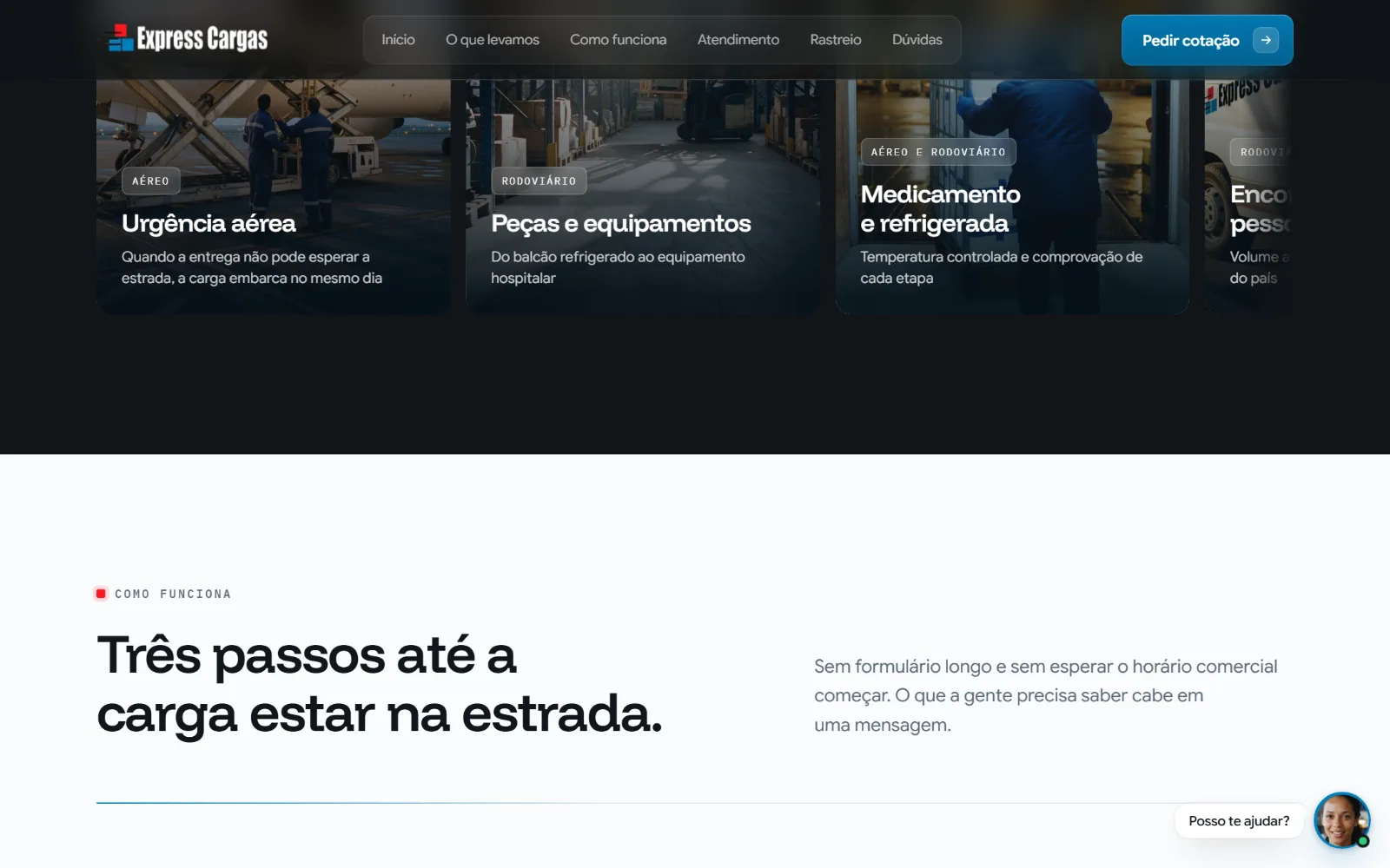 Cada tipo de carga com a etiqueta de avião ou estrada, e os três passos.