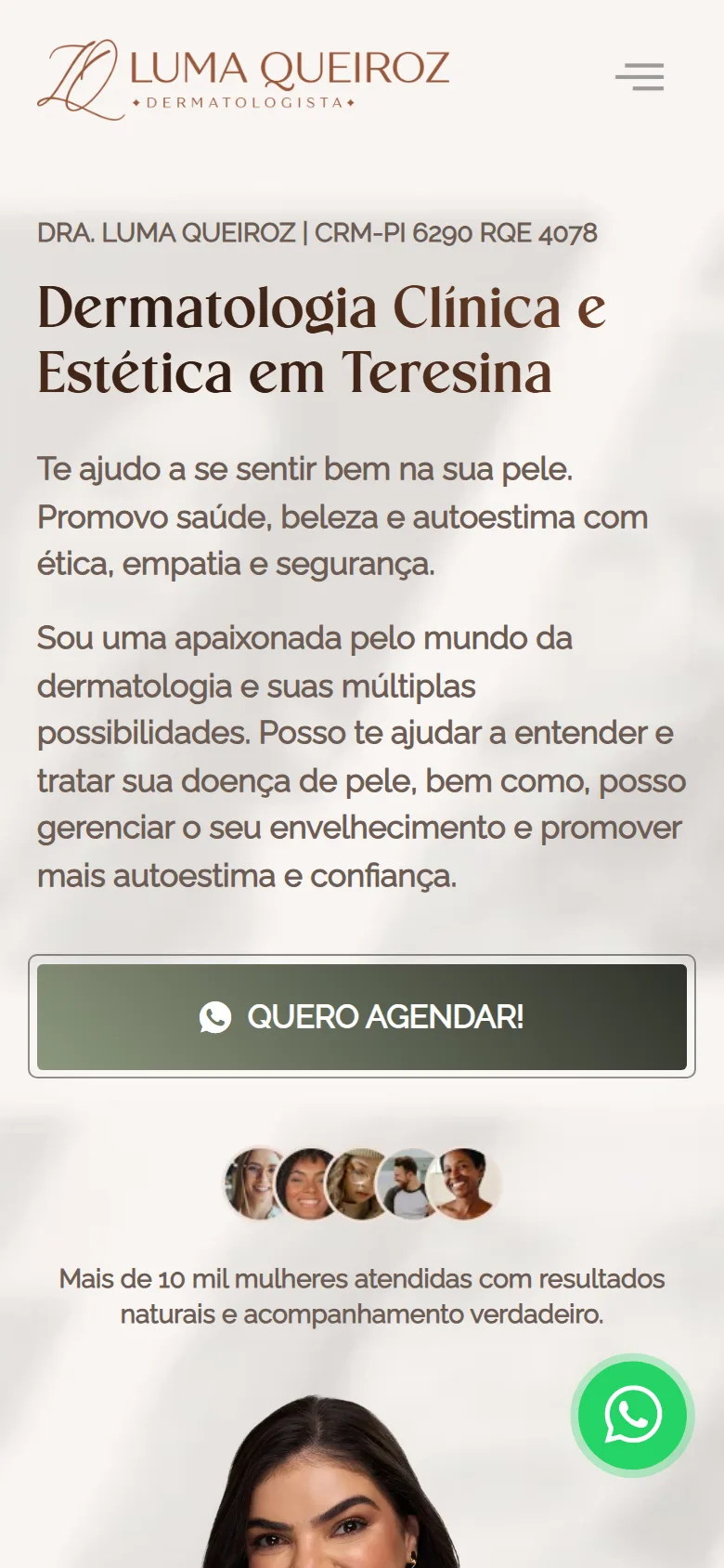 O topo no celular, com o botão de agendar e as pacientes atendidas.