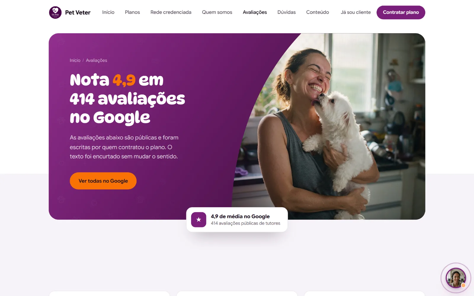 A página das avaliações, com a nota do Google em destaque.