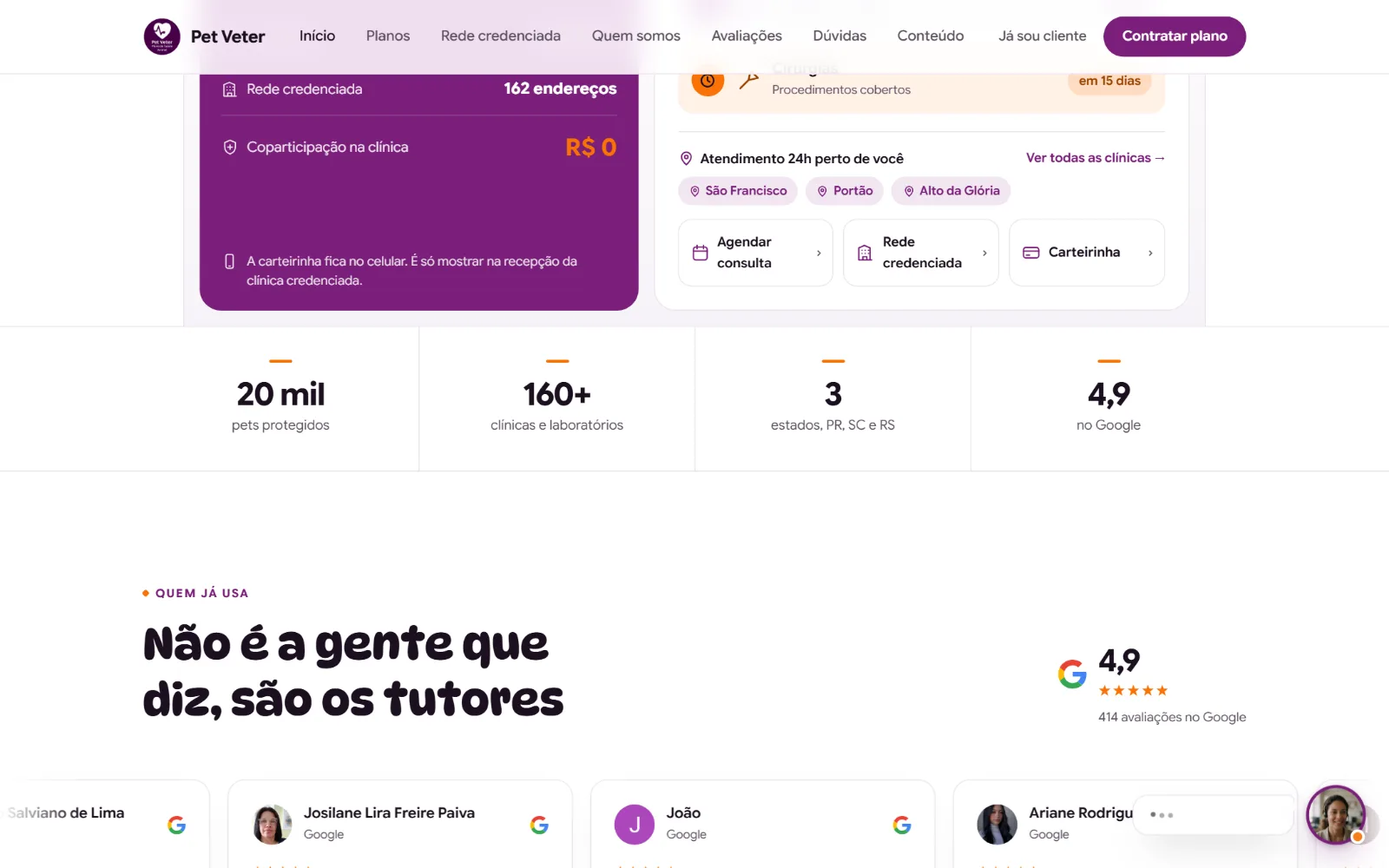 Os números do plano e as avaliações dos tutores na home.