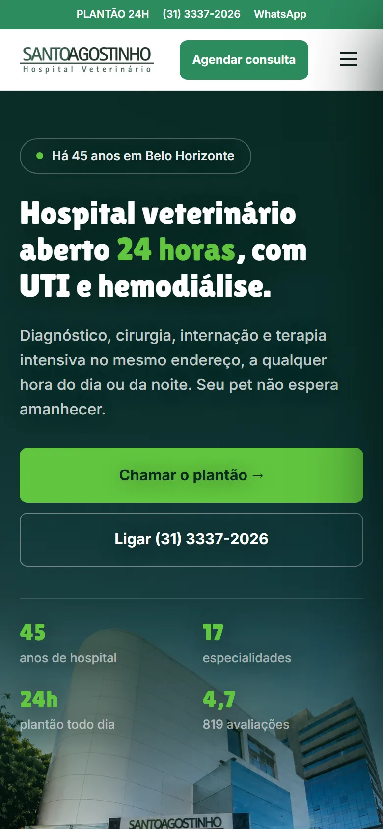 A primeira tela no celular, com o plantão e a ligação a um toque.