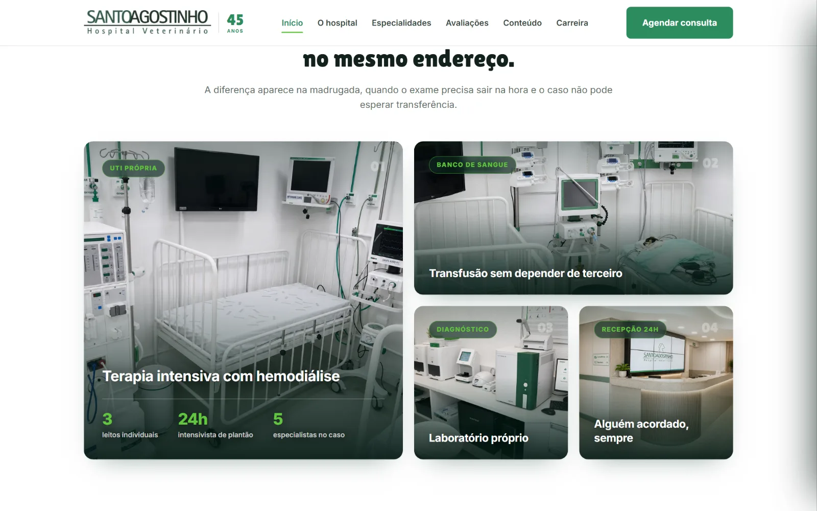 UTI, banco de sangue e laboratório logo na home, com os números de cada um.