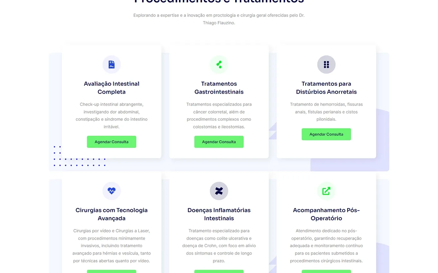 Os seis procedimentos, cada um com o botão de agendar.