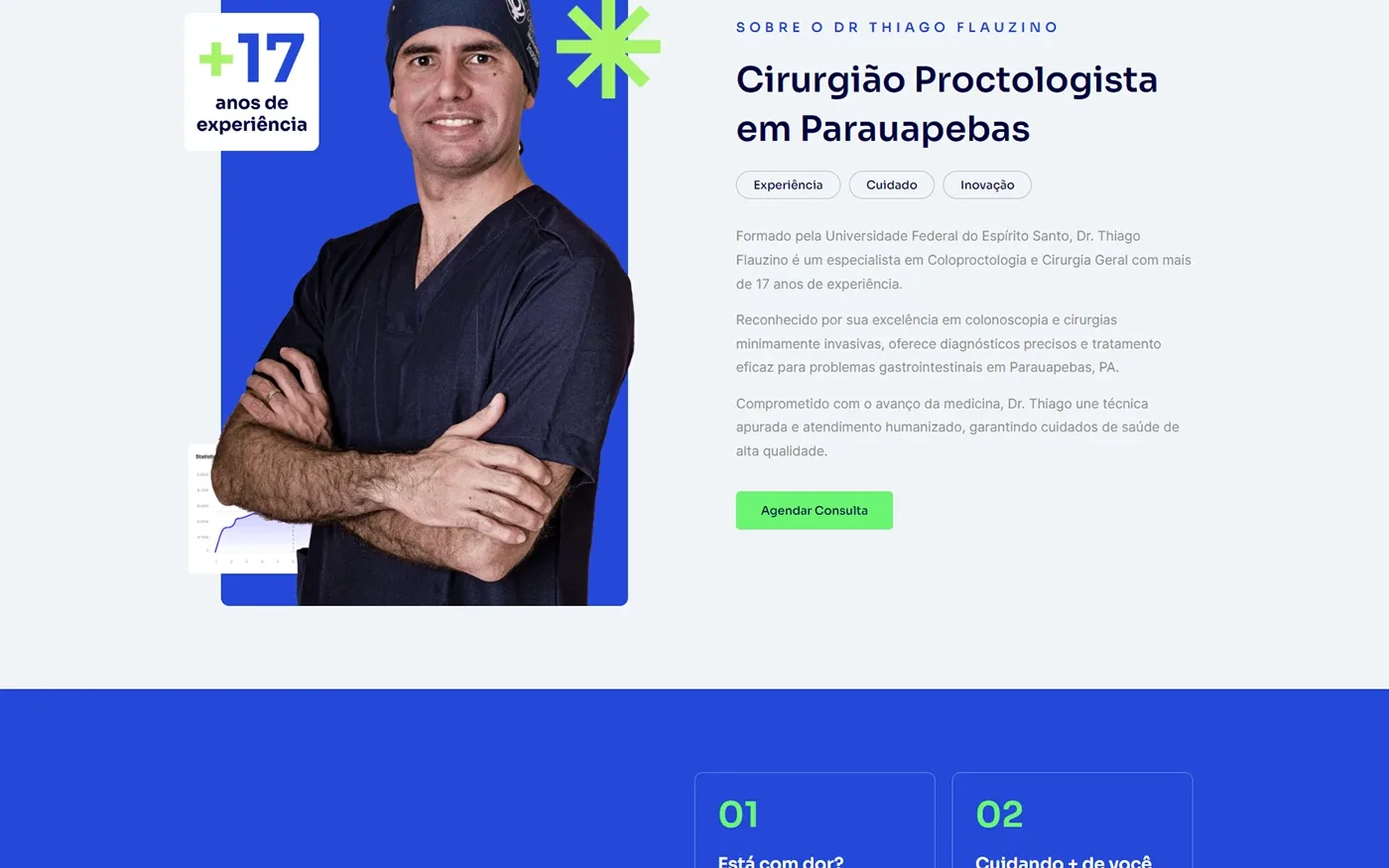 O médico, com os anos de experiência em destaque.