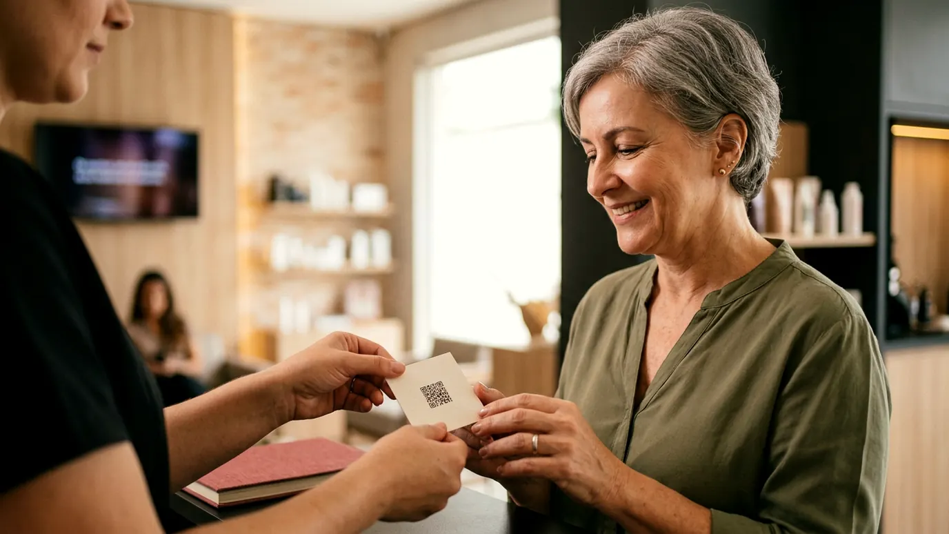 Recepcionista entregando um cartão com código pra uma cliente no balcão de um estúdio