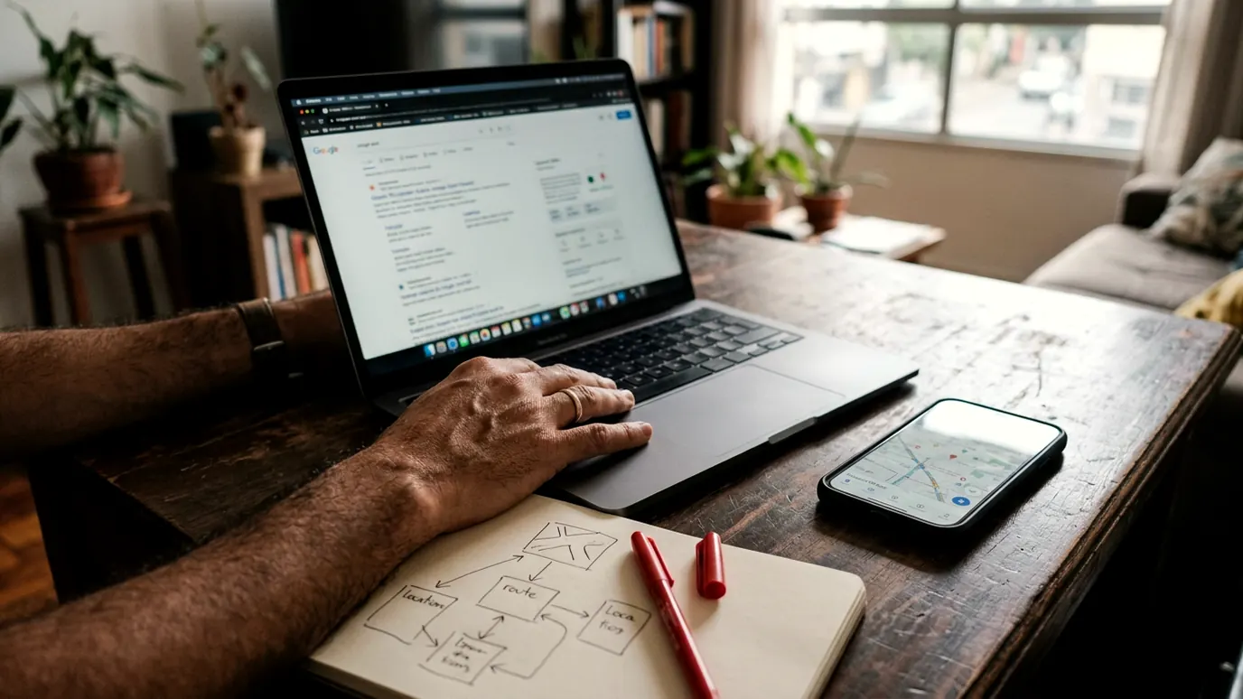 Mesa com notebook, celular e um caderno com três quadrados desenhados