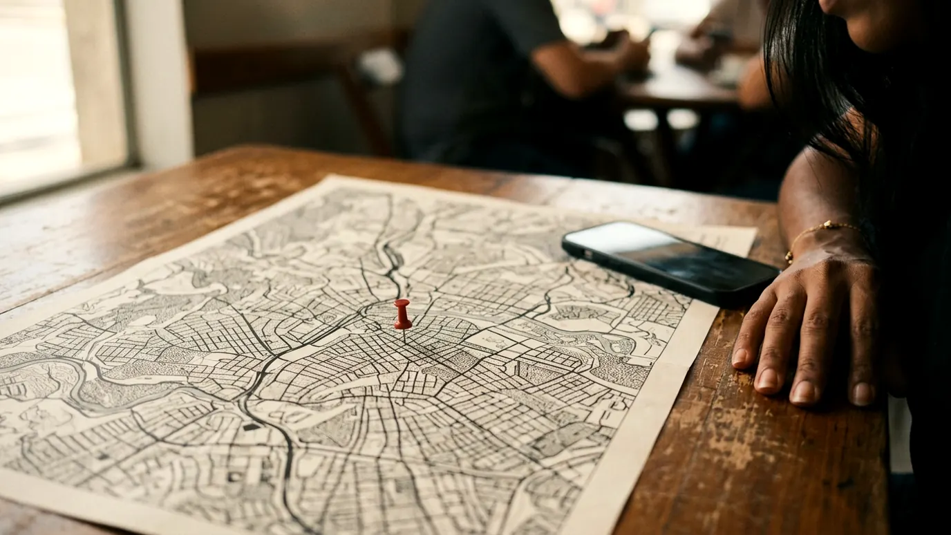 Mapa impresso de uma cidade com um alfinete vermelho e um celular ao lado