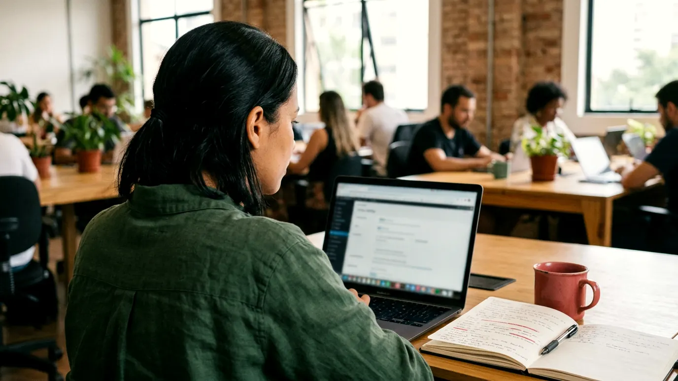Pessoa num coworking mexendo nas configurações de um site no notebook