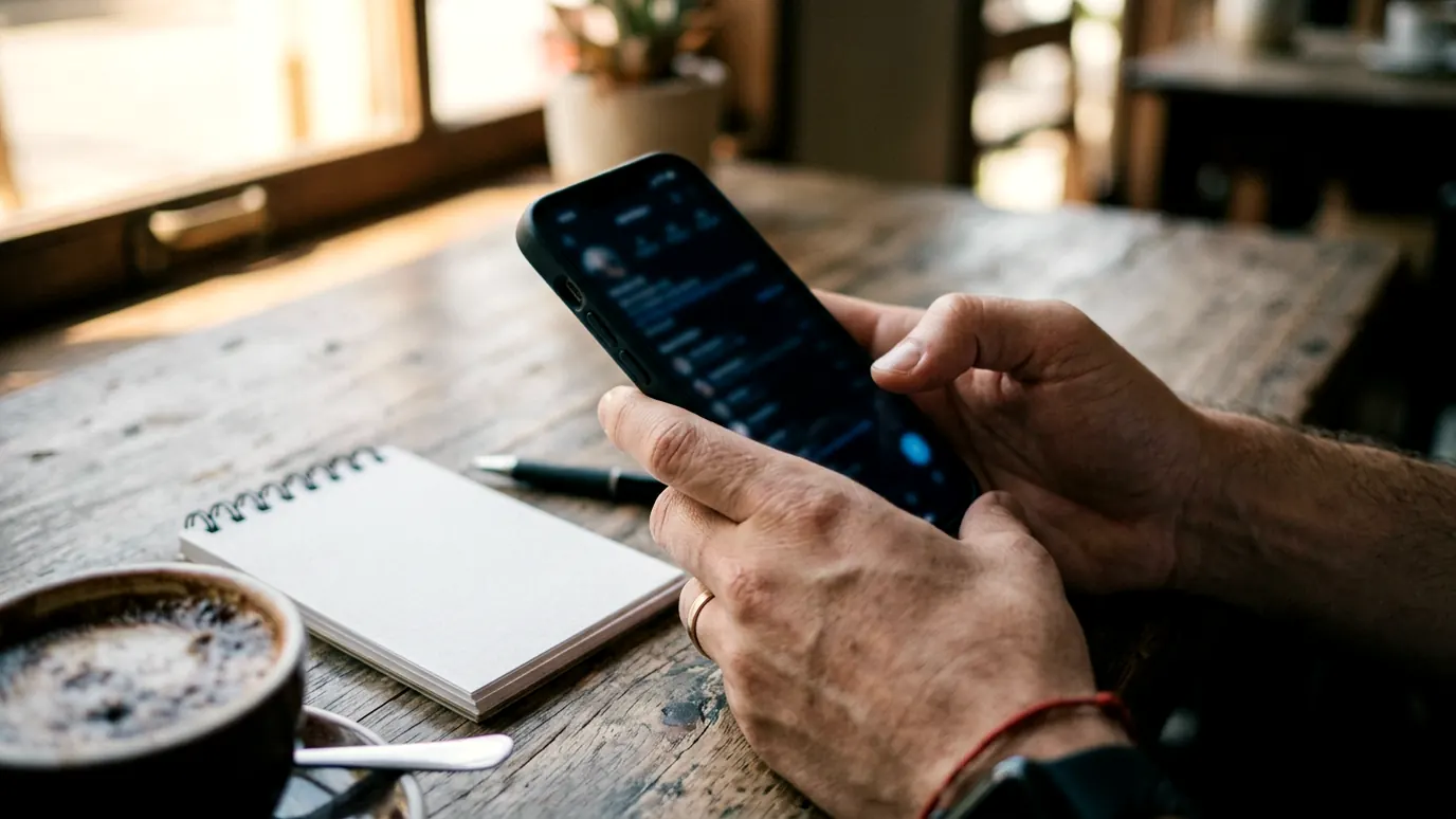 Mãos segurando o celular numa janela anônima, ao lado de uma xícara e uma lista em papel