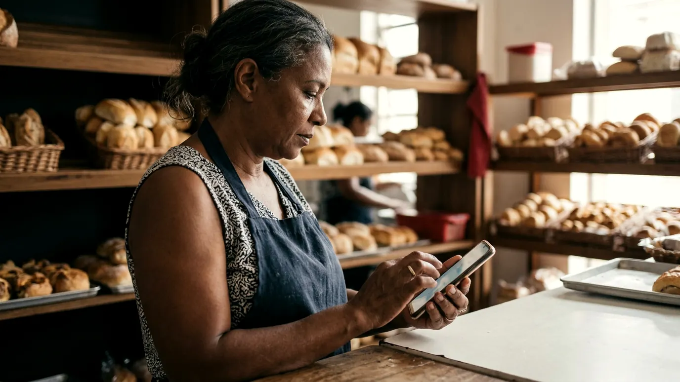 Dona de uma padaria mexendo no celular atrás do balcão entre um cliente e outro
