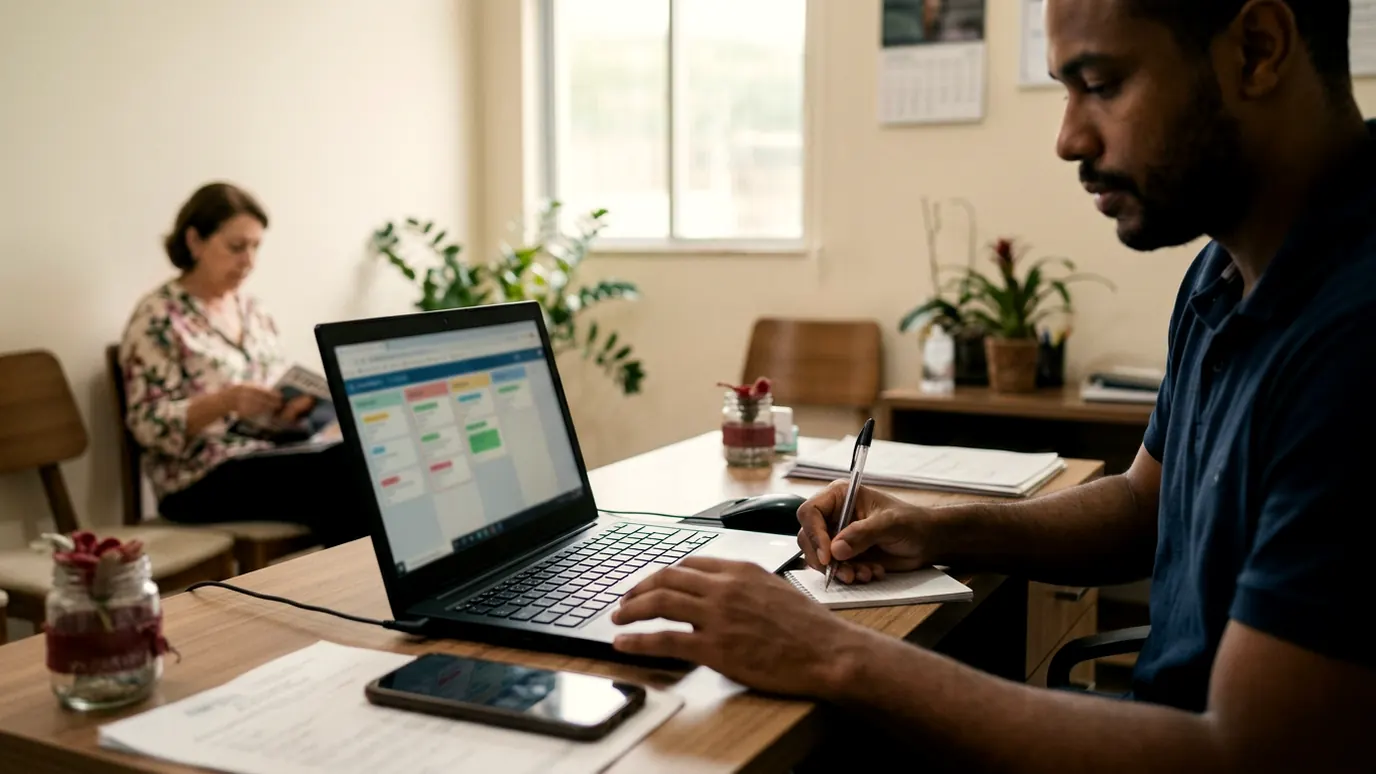 Recepção de uma clínica com notebook mostrando um quadro de conversas e um paciente esperando ao fundo