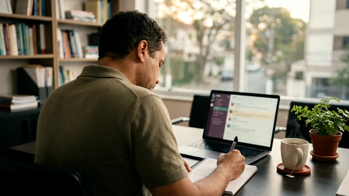 Profissional escrevendo uma lista de perguntas num caderno ao lado do notebook