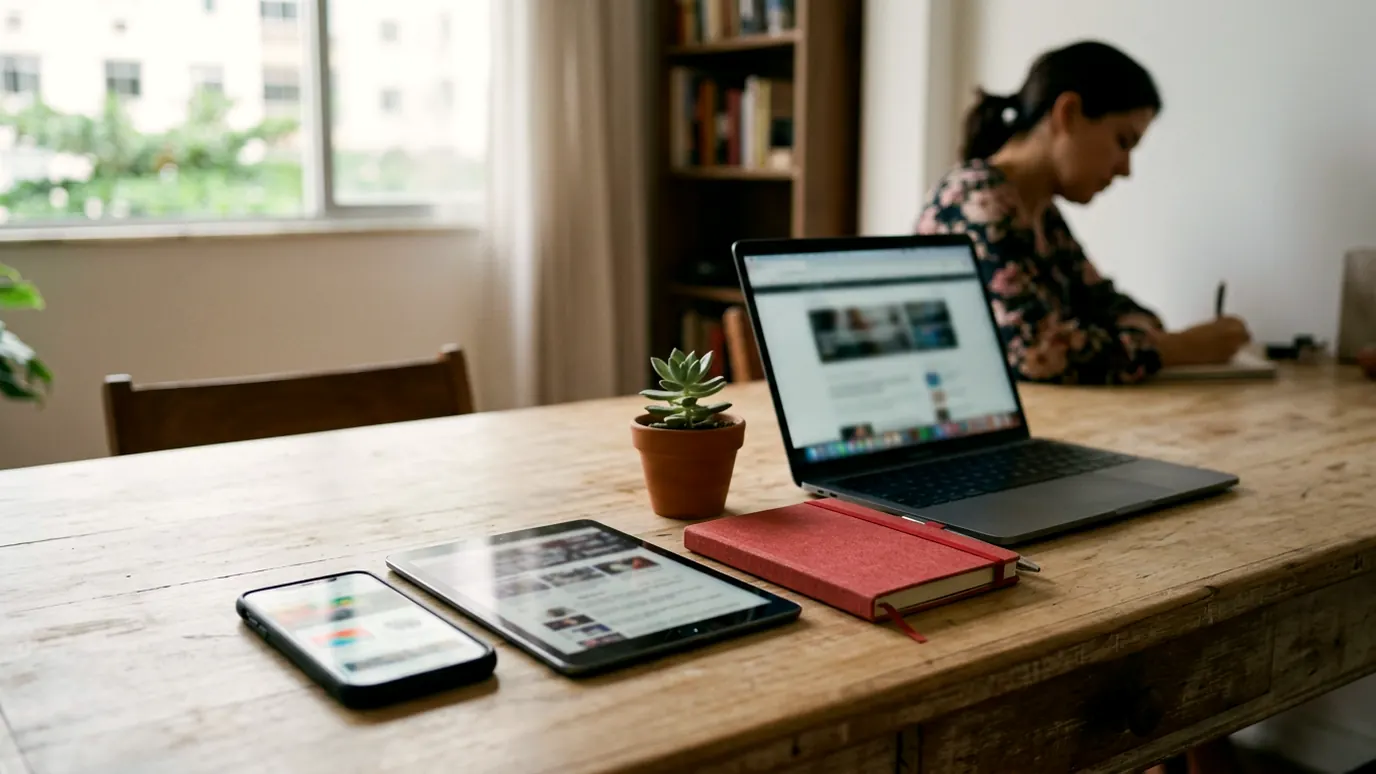 Celular, tablet e notebook lado a lado, cada um mostrando um site