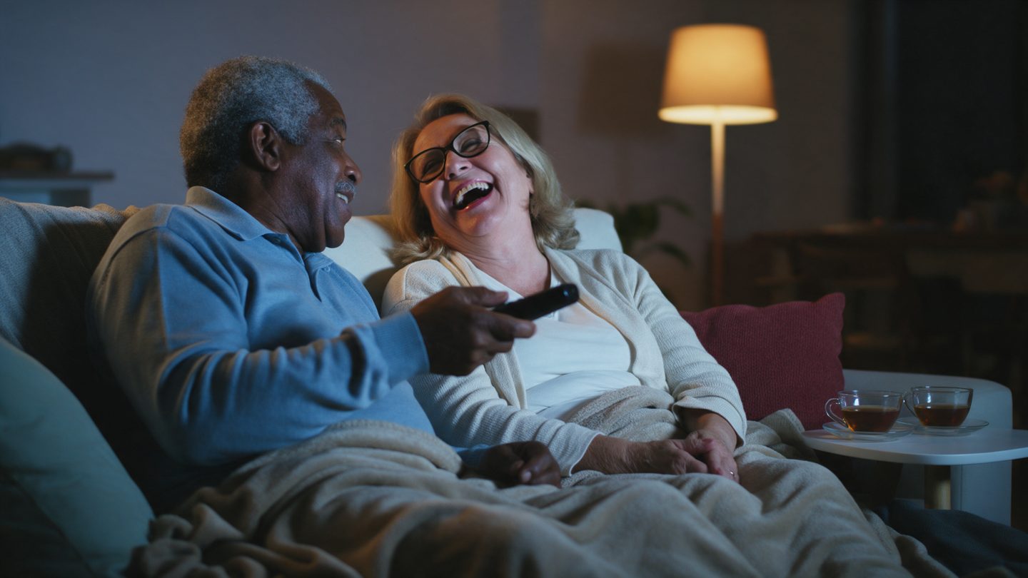 Casal rindo no sofá assistindo TV à noite