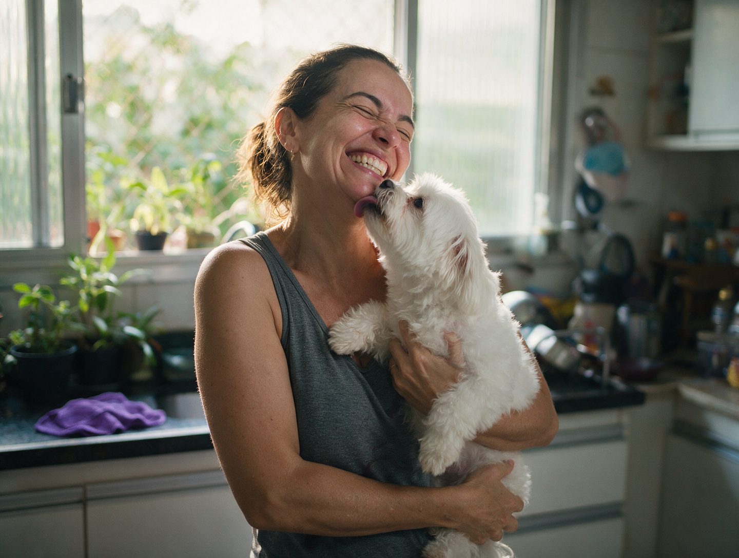 Tutora rindo com o cachorro no colo