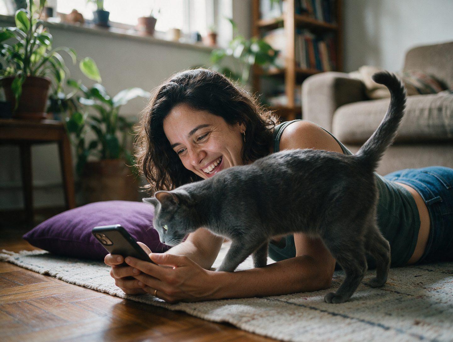 Tutora no tapete com o gato passando na frente do celular