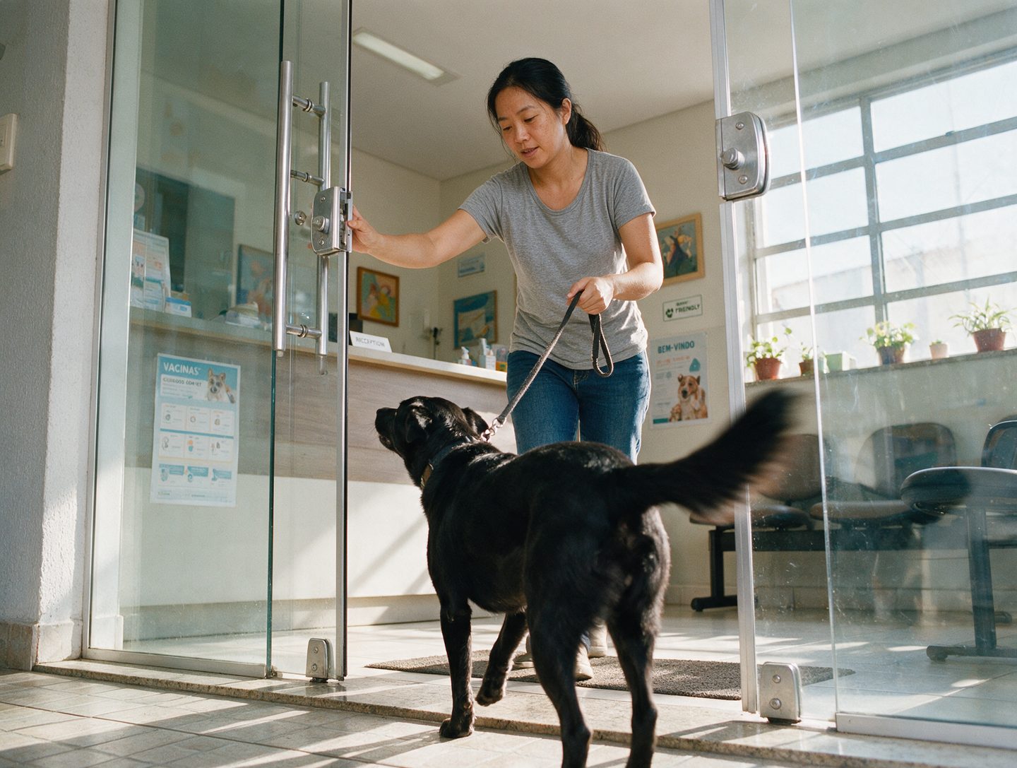 Tutora entrando na clínica com o cachorro