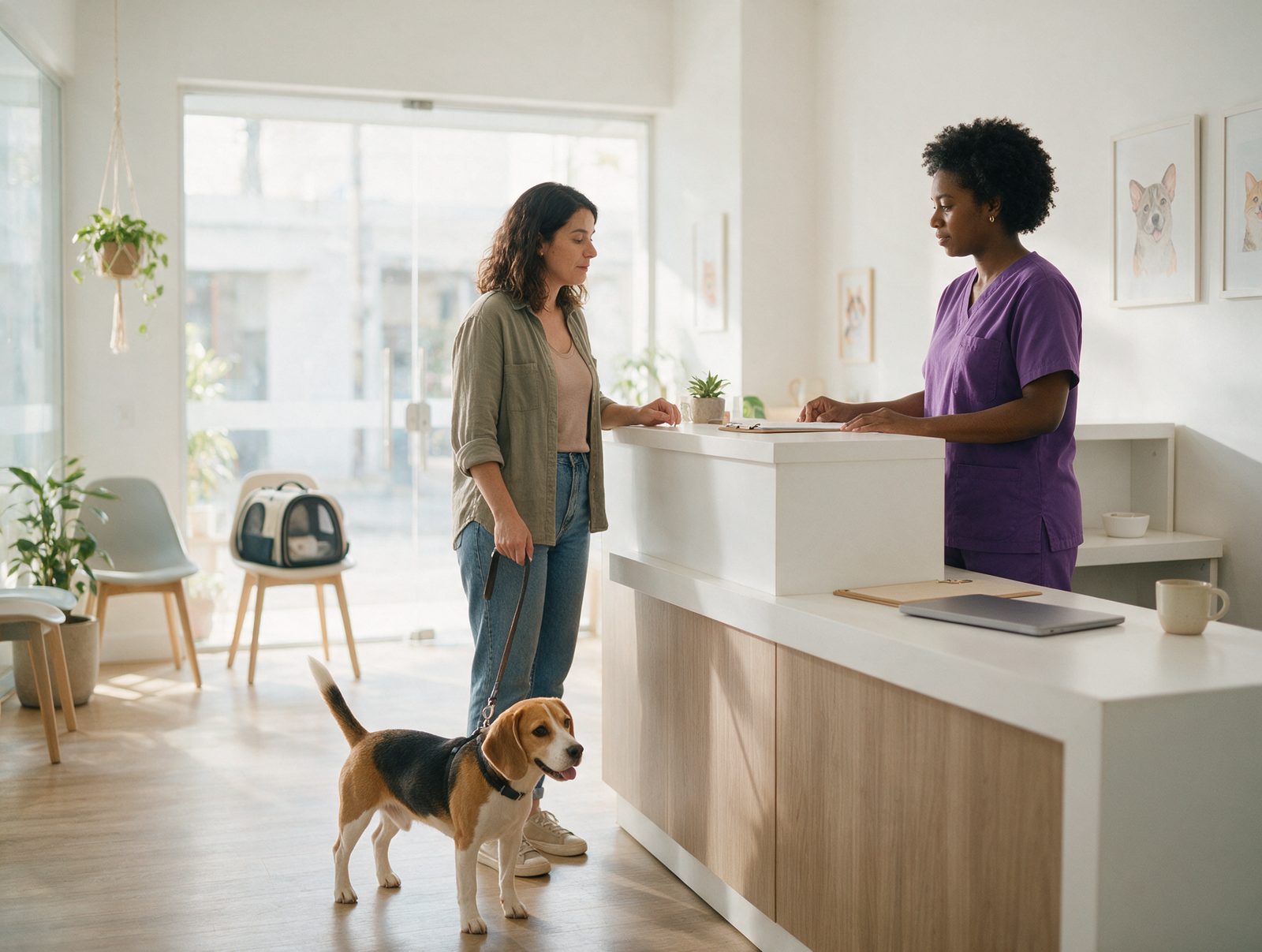Recepção de uma clínica veterinária com tutora e beagle no balcão