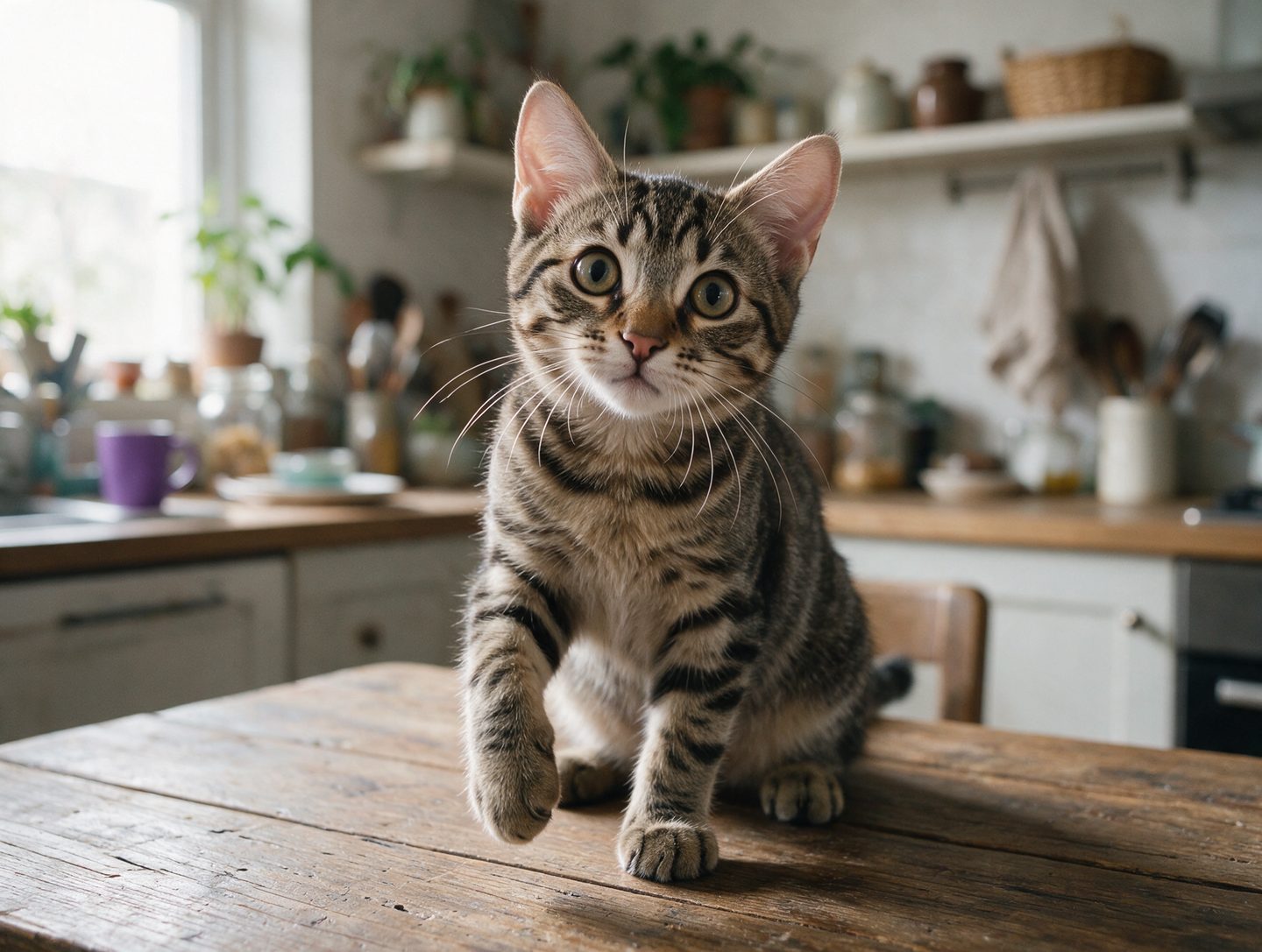 Gato curioso em cima da mesa