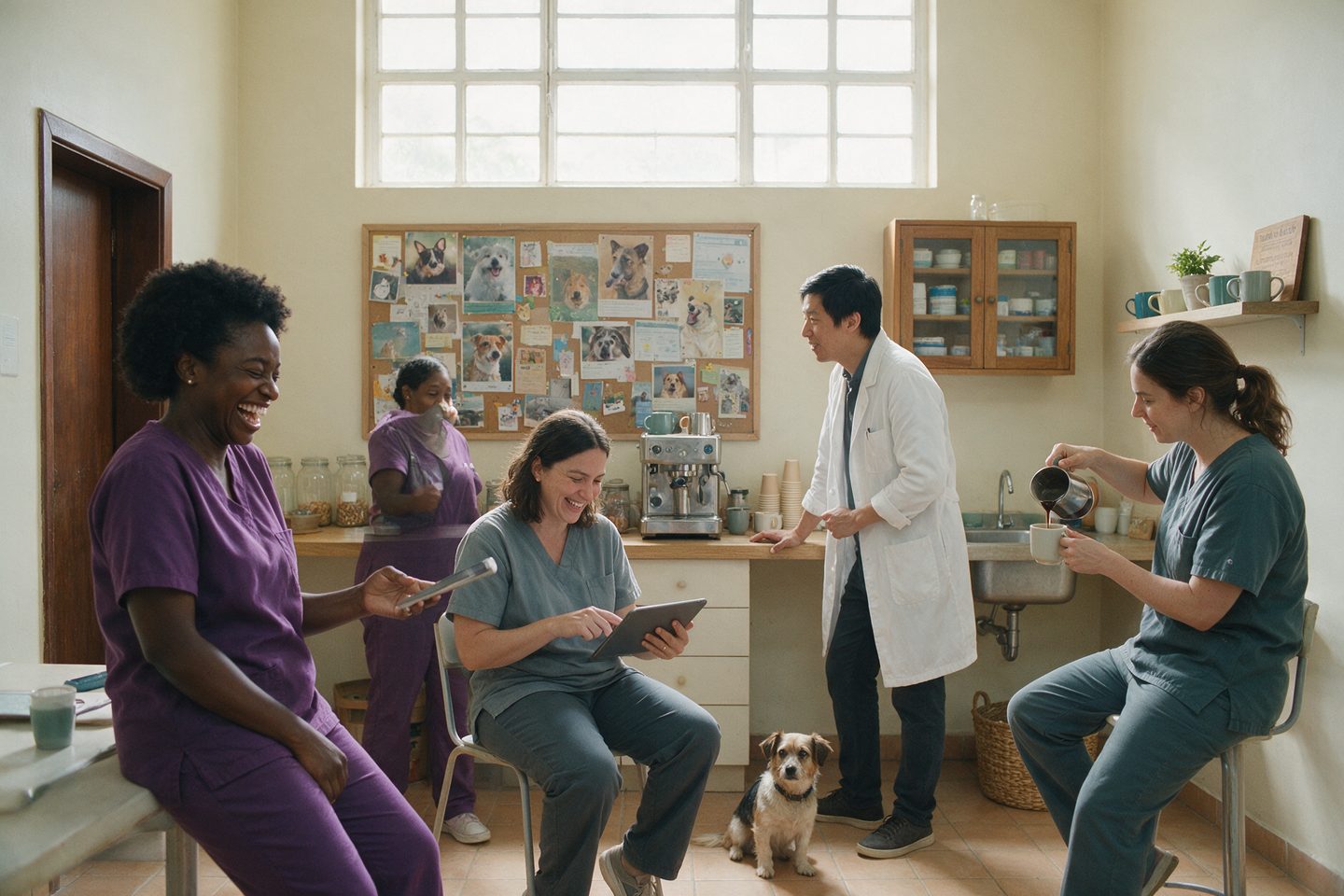 Equipe de clínica conversando no intervalo
