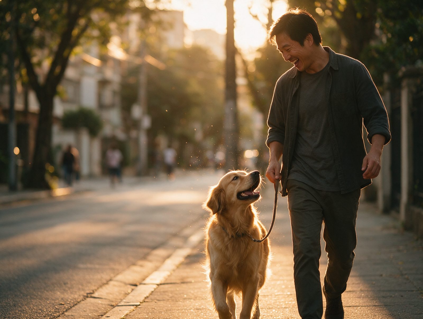 Tutor rindo na calçada com o golden retriever no fim da tarde