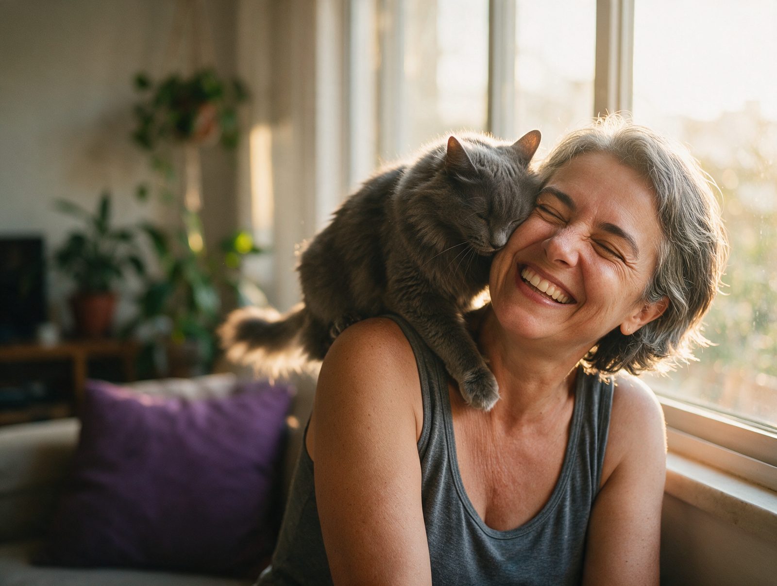 Tutora rindo na janela com o gato no ombro