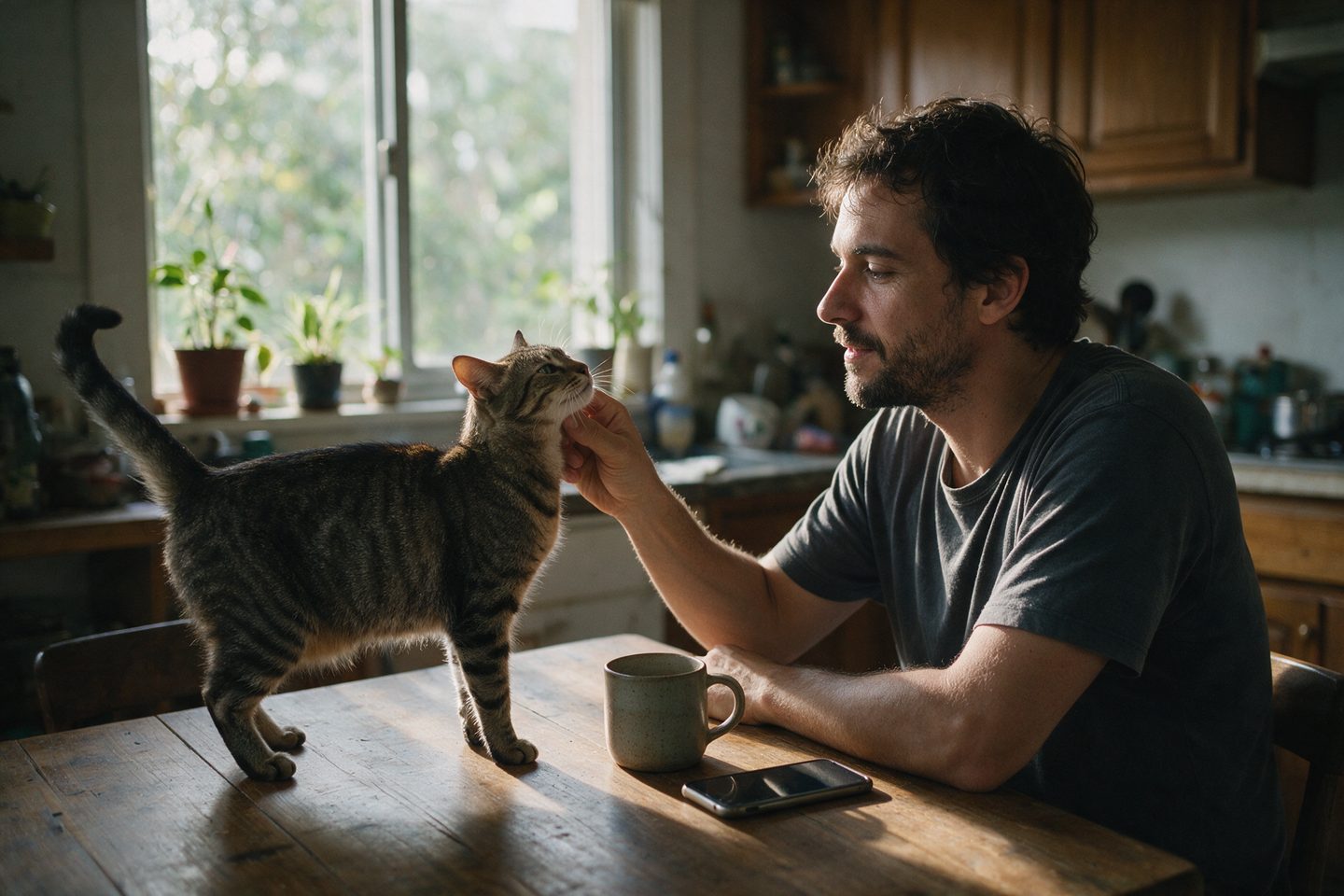 Tutor fazendo carinho no gato em cima da mesa