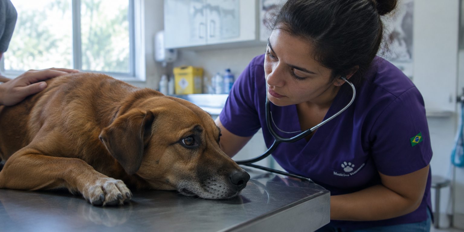 Cachorro na maca enquanto a veterinária ausculta