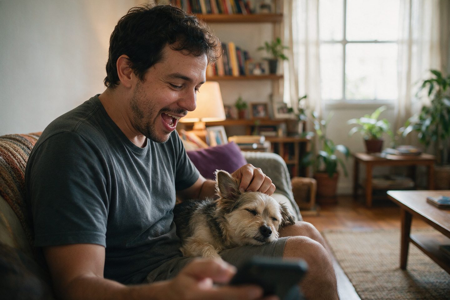 Tutor rindo no sofá com o cachorro no colo