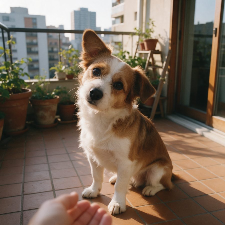 Cachorro na varanda com a cabeça inclinada
