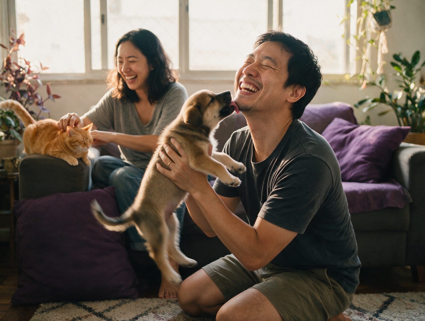 Casal em casa com um filhote e um gato adulto
