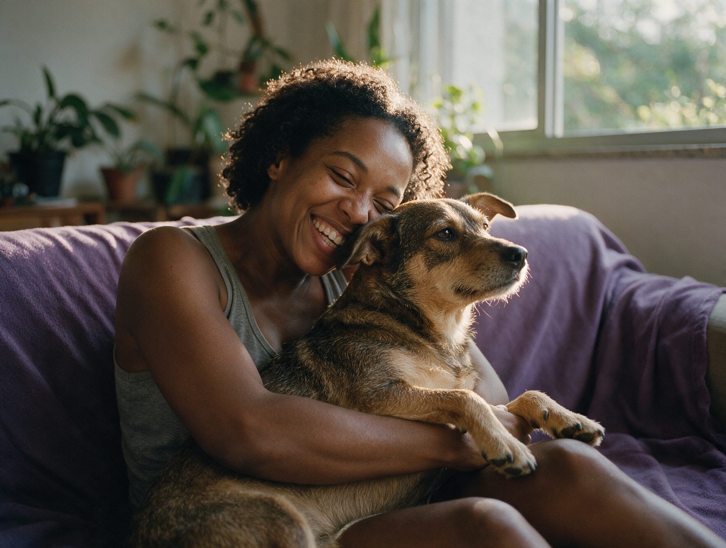 Tutora rindo no sofá abraçada com o cachorro