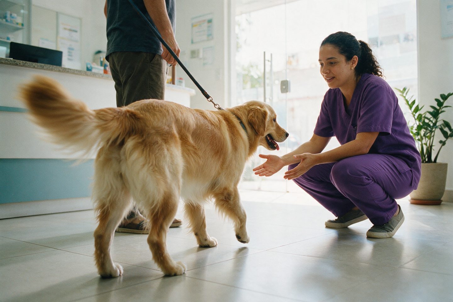 Golden retriever entrando na recepção da clínica e a recepcionista de uniforme roxo agachada pra recebê-lo